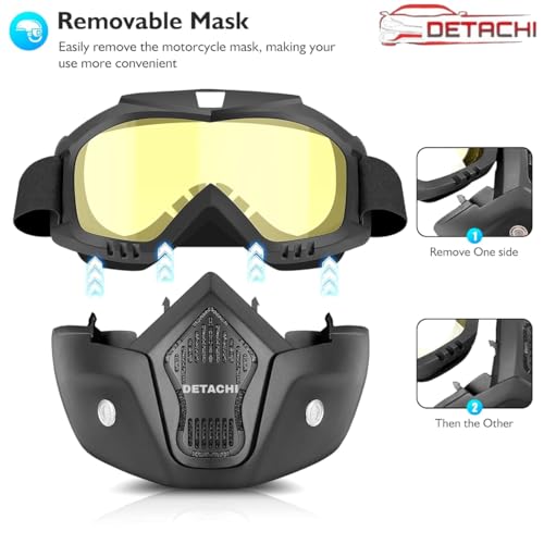 DETACHI Motorcycle Goggle mask Anti Scratch UV Protective Face Mask, Bike Riding Goggles Mask with Detachable Face Mask, Adjustable Elastic Strap Goggles Mask for Helmet Yellow Visor, Unisex - Image 5
