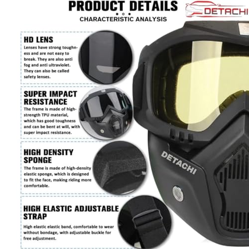 DETACHI Motorcycle Goggle mask Anti Scratch UV Protective Face Mask, Bike Riding Goggles Mask with Detachable Face Mask, Adjustable Elastic Strap Goggles Mask for Helmet Yellow Visor, Unisex - Image 4