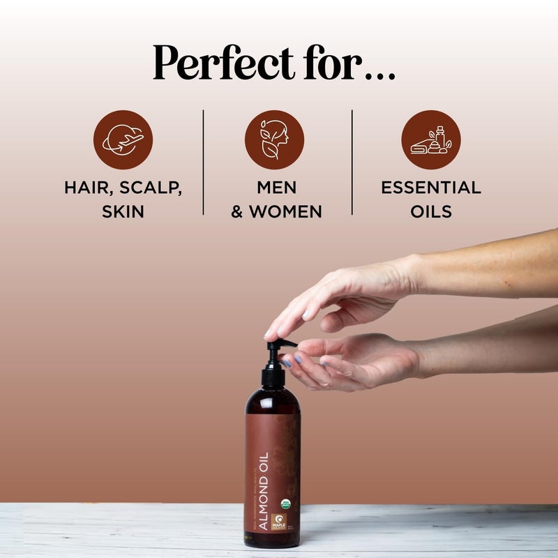 Maple Holistics USDA Organic Sweet Almond Oil - Pure Cold Pressed Organic Almond Oil for Skin Hair and Nails - Moisturizing Organic Body Oil for Women and Men plus Carrier Oil for Essential Oils Mixing 16oz - Image 2