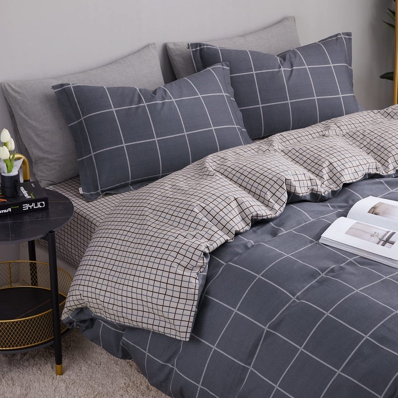 SAPHREAS Geometric Gray Plaid Duvet Cover Set Queen Size 3pcs Dark Grey Grid Cotton Bedding Comforter Cover Set 1 Duvet Cover 2 Pillow Shams - Image 3