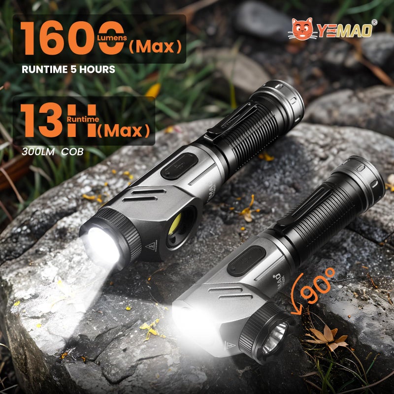 Yemao Rechargeable Tactical Flashlights 1600 High Lumens 2 Light Sources,6 Modes,90 Degree Rotating,Waterproof Working Light with Magnetic Base for Home Emergency,Outdoor,Camping,Shop - Image 2