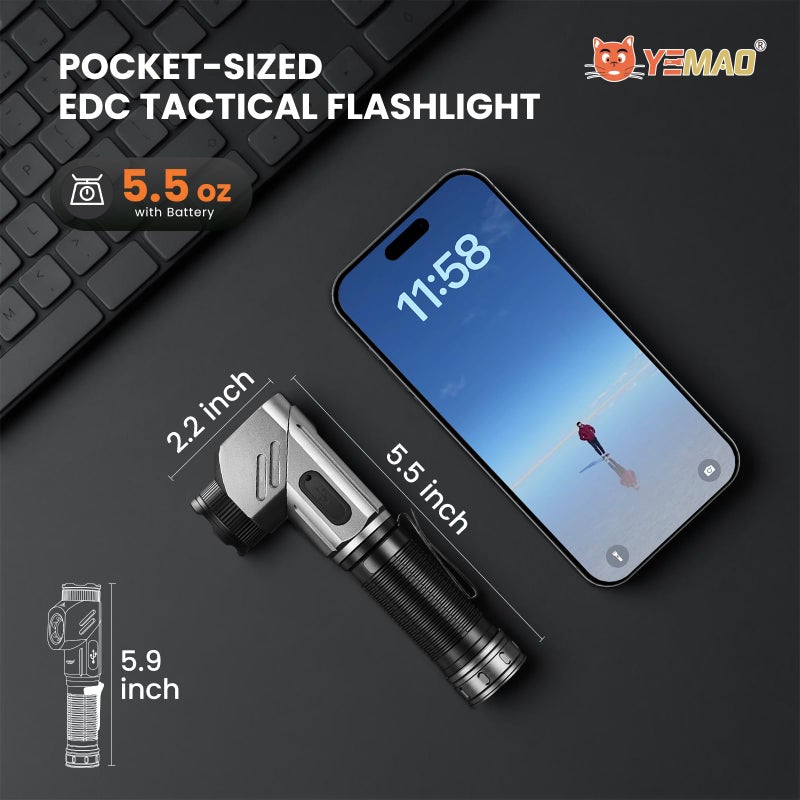 Yemao Rechargeable Tactical Flashlights 1600 High Lumens 2 Light Sources,6 Modes,90 Degree Rotating,Waterproof Working Light with Magnetic Base for Home Emergency,Outdoor,Camping,Shop - Image 4