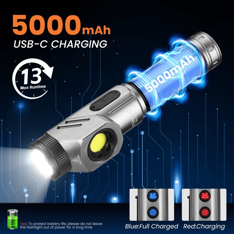 Yemao Rechargeable Tactical Flashlights 1600 High Lumens 2 Light Sources,6 Modes,90 Degree Rotating,Waterproof Working Light with Magnetic Base for Home Emergency,Outdoor,Camping,Shop - Image 5