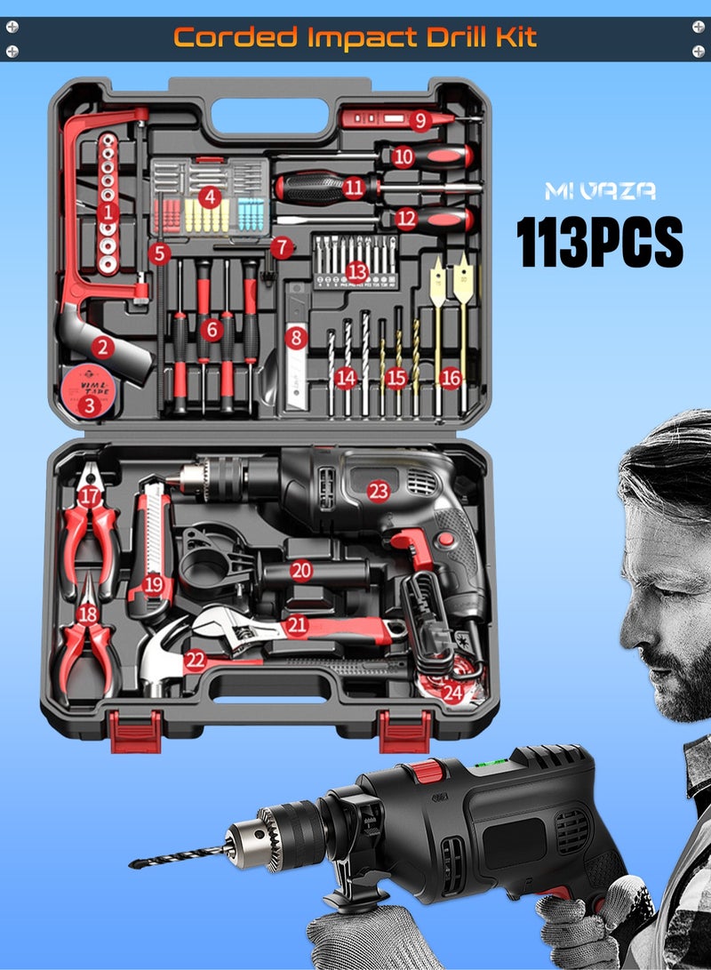 Mi VAZA 710W Corded Hammer Drill - Electric Impact Drill Kit with Screws, Storage Box, Universal Shaft, Screwdriver Bit, Impact Drill Bit, Expansion Tube, Depth Gauge, Auxiliary Handle, Hexagon Socket - Home Tool Kit - Image 1