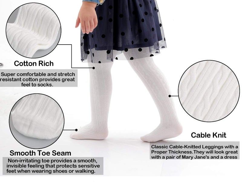 EPEIUS Infant Girl Tights Baby Girl Seamless Cable Knit Leggings Solid Cotton Stockings Footed Pants Dress Tights Clothes for 6-12 Months 3 Pack,Black/White/Khaki,S - Image 3