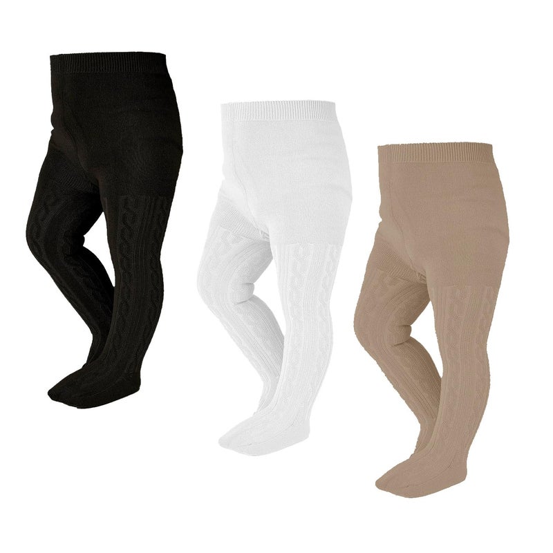 EPEIUS Infant Girl Tights Baby Girl Seamless Cable Knit Leggings Solid Cotton Stockings Footed Pants Dress Tights Clothes for 6-12 Months 3 Pack,Black/White/Khaki,S - Image 1