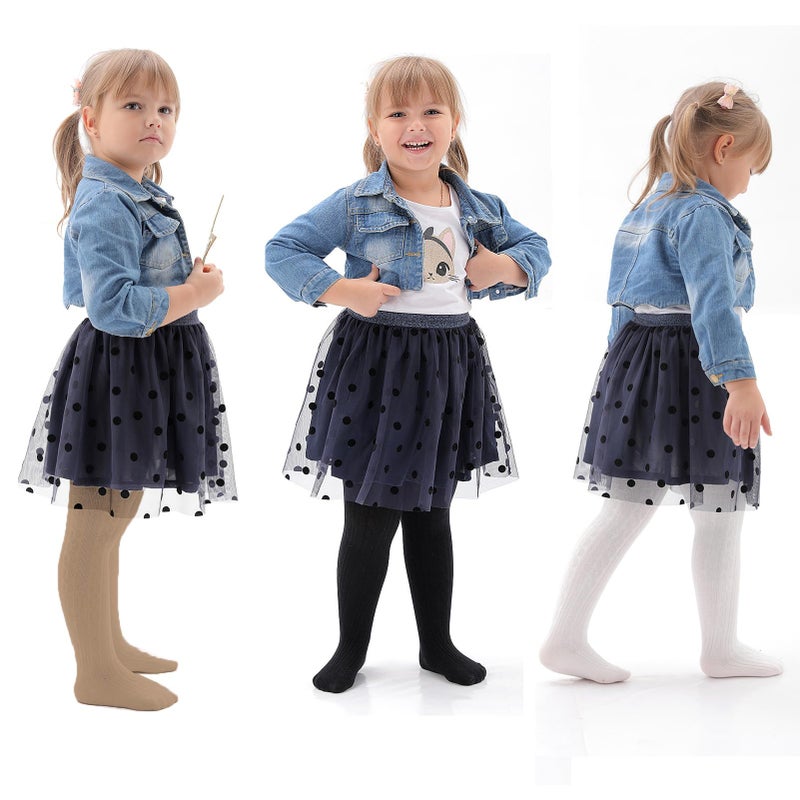 EPEIUS Infant Girl Tights Baby Girl Seamless Cable Knit Leggings Solid Cotton Stockings Footed Pants Dress Tights Clothes for 6-12 Months 3 Pack,Black/White/Khaki,S - Image 2