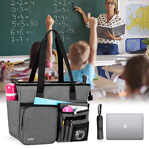 Trunab Teacher Tote Bag Work Bag with Multiple Pocket and Padded Compartment for up to 15.6”Laptop, Zip Top Utility Carrying Bag for Working Women, Travel, Office, Business, Grey - Image 5