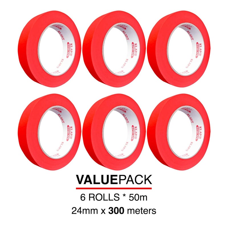 KLAPiT Waterproof Masking Tape | 24mm x 50m | Premium Washi Painter’s Tape for Precise Masking, Indoor & Outdoor Painting, Industrial Use, Art, Craft & DIY Projects - Red, 6 Rolls - Image 2