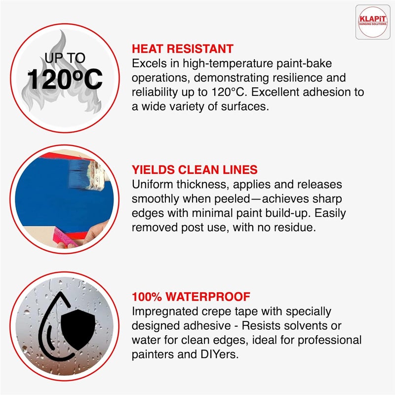 KLAPiT Waterproof Masking Tape | 24mm x 50m | Premium Washi Painter’s Tape for Precise Masking, Indoor & Outdoor Painting, Industrial Use, Art, Craft & DIY Projects - Red, 6 Rolls - Image 3