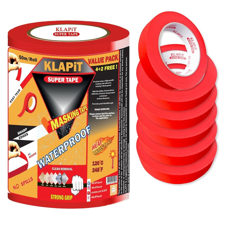 KLAPiT Waterproof Masking Tape | 24mm x 50m | Premium Washi Painter’s Tape for Precise Masking, Indoor & Outdoor Painting, Industrial Use, Art, Craft & DIY Projects - Red, 6 Rolls - Image 1