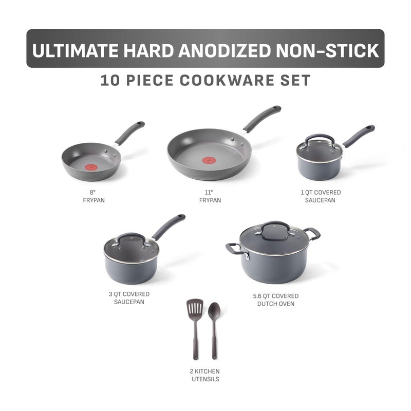 T-Fal Ultimate Hard Anodized Nonstick 10 Piece Cookware Set, Oven Safe Up to 400Â°F, Dishwasher Safe, Pots and Pans Set, Includes Frying Pans, Saucepan, Stockpot, Cooking Utensils, Grey - Image 2
