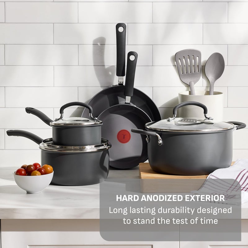 T-Fal Ultimate Hard Anodized Nonstick 10 Piece Cookware Set, Oven Safe Up to 400Â°F, Dishwasher Safe, Pots and Pans Set, Includes Frying Pans, Saucepan, Stockpot, Cooking Utensils, Grey - Image 3