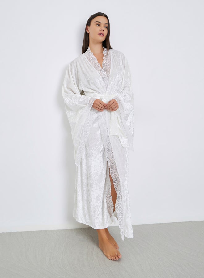 Styli Crushed Velvet Flared Sleeves Robe with Contrast Lace Trim - Image 1