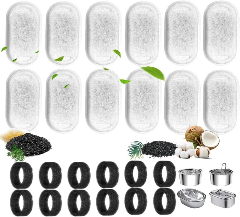 KASTWAVE 24-Pack Cat Water Fountain Filters | Replacement for 108oz/3.2L & 67oz/2L Stainless Steel Pet Fountains (12 Carbon Filters + 12 Sponges) - Image 1