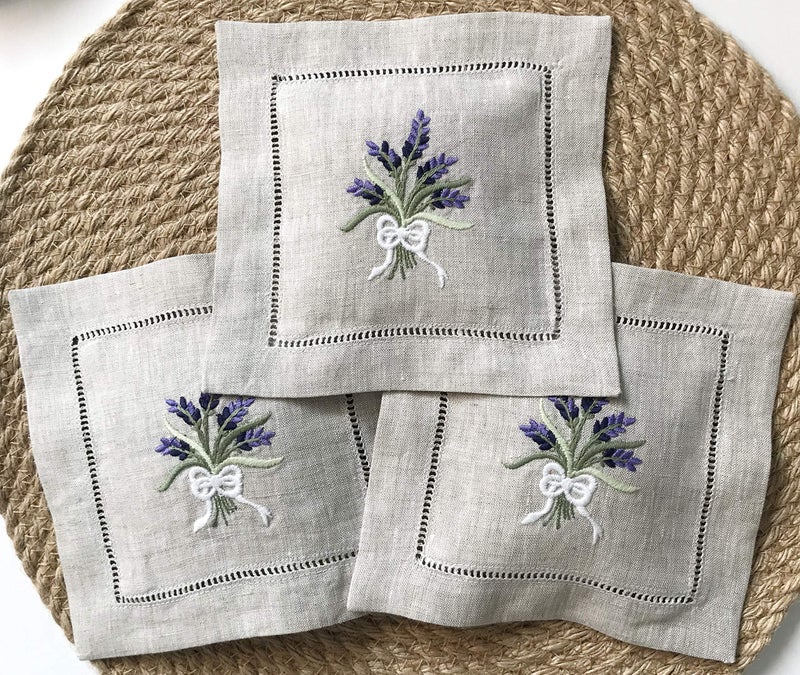 Minhcraft Hand Embroidered Lavender Sachet Bag Wheat Embroidery Natural Linen 6x6 Set of 3 
