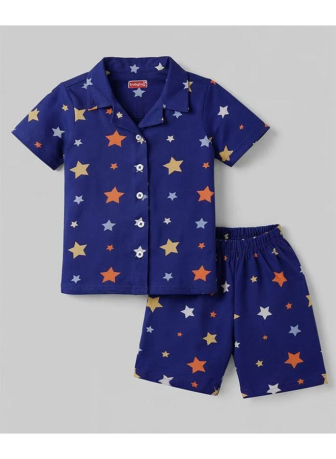 Babyhug Babyhug Cotton Knit Half Sleeves Shirt & Shorts Co-ord Night Suit with Star Print - Navy Blue