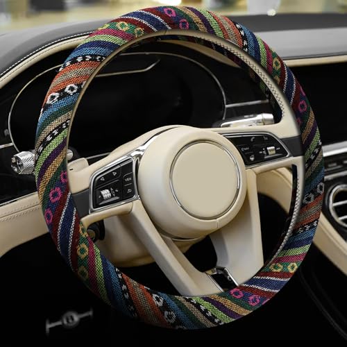Hbxdeco Boho Steering Wheel Cover Ethnic Style Car Steering Wheel Cover Protector AntiSlip Flax Cloth Cover Universal Fits 14515 Inch Steering Wheel Interior Car AccessoriesA Style - Image 1