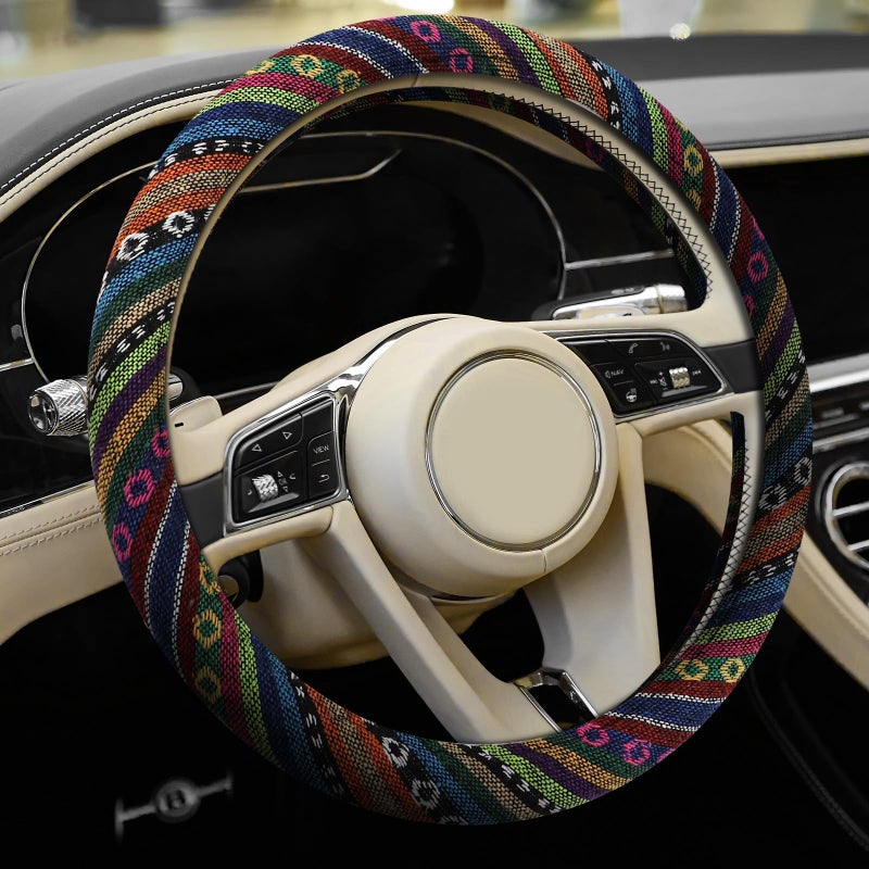 Hbxdeco Boho Steering Wheel Cover Ethnic Style Car Steering Wheel Cover Protector AntiSlip Flax Cloth Cover Universal Fits 14515 Inch Steering Wheel Interior Car AccessoriesA Style - Image 3