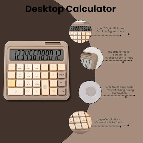 RATAVA Retro Style 12 Digit Desktop Calculator with Big Large Display, Soft Buttons | Dual Power Solar Battery Calculator for Office, Home & School | Big LCD Screen 1pc (Without Battery) (Beige-Brown) - Image 5