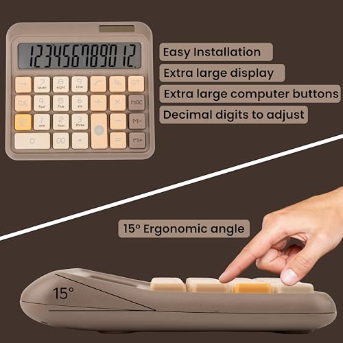 RATAVA Retro Style 12 Digit Desktop Calculator with Big Large Display, Soft Buttons | Dual Power Solar Battery Calculator for Office, Home & School | Big LCD Screen 1pc (Without Battery) (Beige-Brown) - Image 4