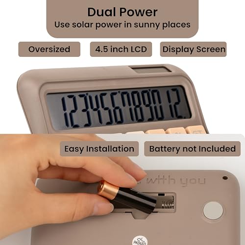 RATAVA Retro Style 12 Digit Desktop Calculator with Big Large Display, Soft Buttons | Dual Power Solar Battery Calculator for Office, Home & School | Big LCD Screen 1pc (Without Battery) (Beige-Brown) - Image 3