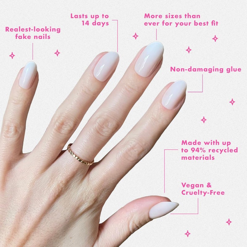 Olive & June Minimalist Instant Mani Press On Nails (Glue) | 42 Fake Nails, 21 Sizes | Non-Toxic, Long-Lasting Barely-There Look | Salon-Quality at Home | Medium, Oval | Pure White Syrup Gradient - Image 4