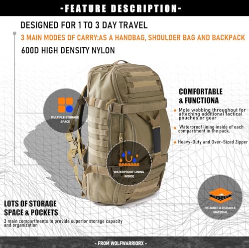 Miramrax Travel Duffle Bag Backpack for Men - Large Tactical Bags Weekender Gym Bag for Overnight Traveling Military Workout Deployment Sports (Coyote, 45L) - Image 2