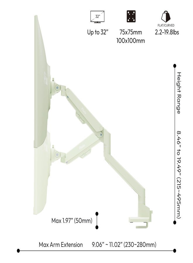 Pixio PS1S Wave Mint Green Single Monitor Arm Stand Desk Mount - Fits up to 32 inches Monitors and up to 19.8lbs. VESA Compatibility and Integrated Cable Management - Image 4