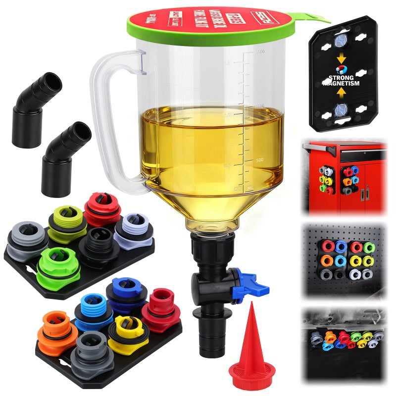 SEDY 18-Piece Engine Oil Funnel Kit, 1.59QT/1.5L Automotive Oil Funnel Set with 12 Adapters, Elbow Fitting, Arrow Screen and Magnetic Storage Hooks Tray, Compatible with GM, Ford, BMW, Audi, Land Rover Etc - Image 1