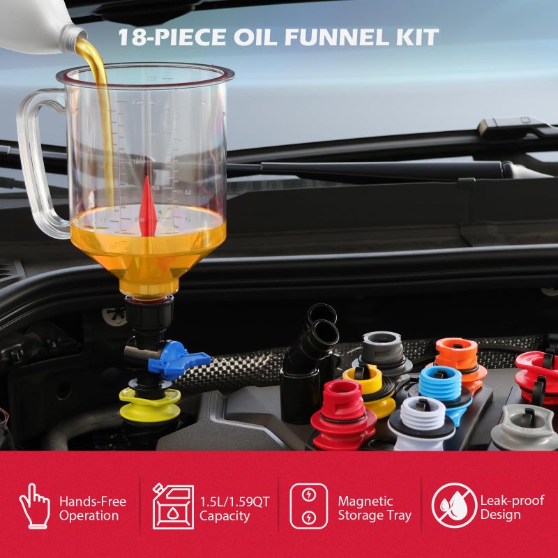 SEDY 18-Piece Engine Oil Funnel Kit, 1.59QT/1.5L Automotive Oil Funnel Set with 12 Adapters, Elbow Fitting, Arrow Screen and Magnetic Storage Hooks Tray, Compatible with GM, Ford, BMW, Audi, Land Rover Etc - Image 2