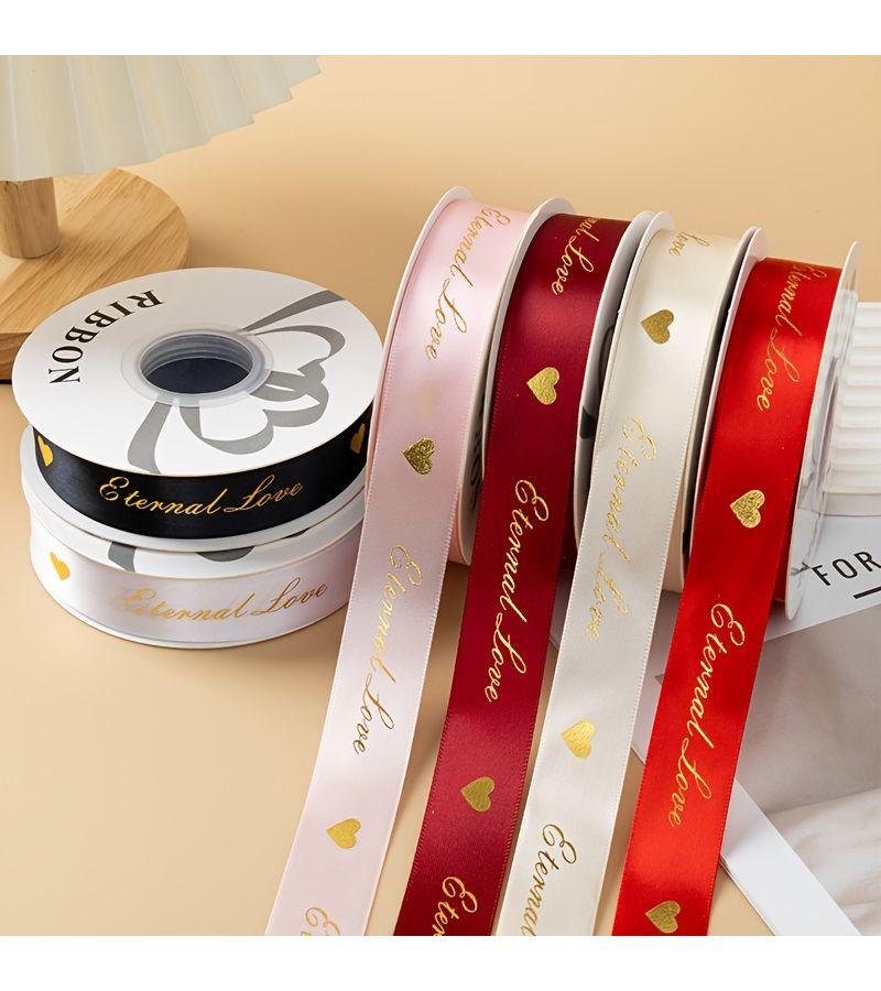 White 5 Yard Gold Foil Heart Polyester Ribbon for Valentine Wrapping Gift Box Decoration - Image 5