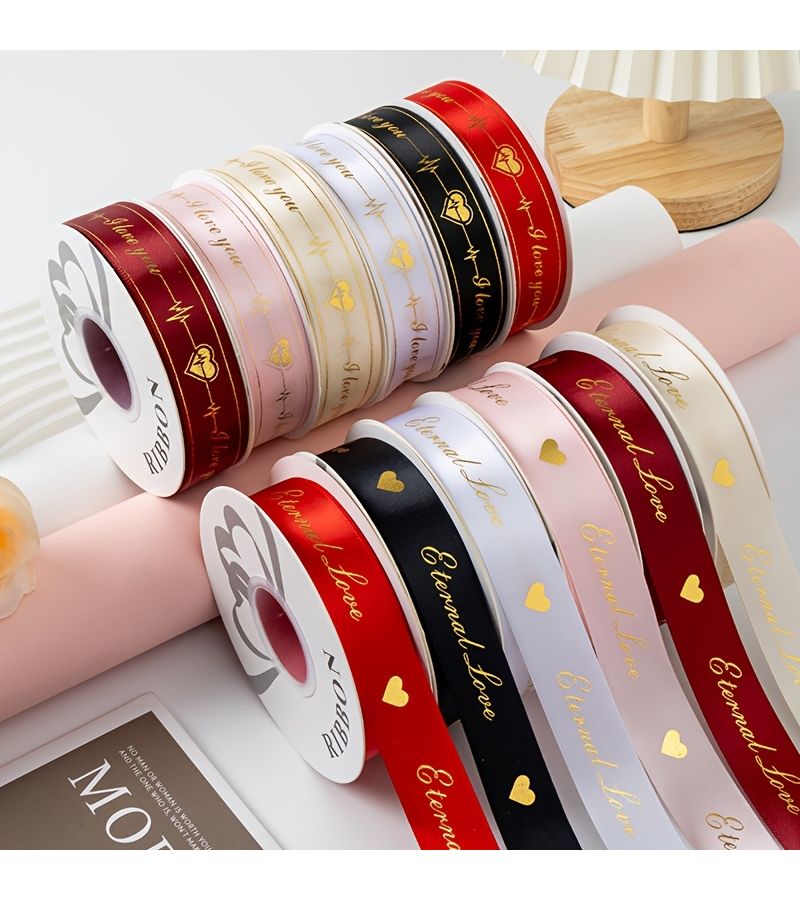 White 5 Yard Gold Foil Heart Polyester Ribbon for Valentine Wrapping Gift Box Decoration - Image 1