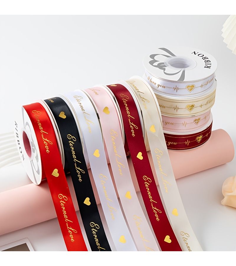White 5 Yard Gold Foil Heart Polyester Ribbon for Valentine Wrapping Gift Box Decoration - Image 2