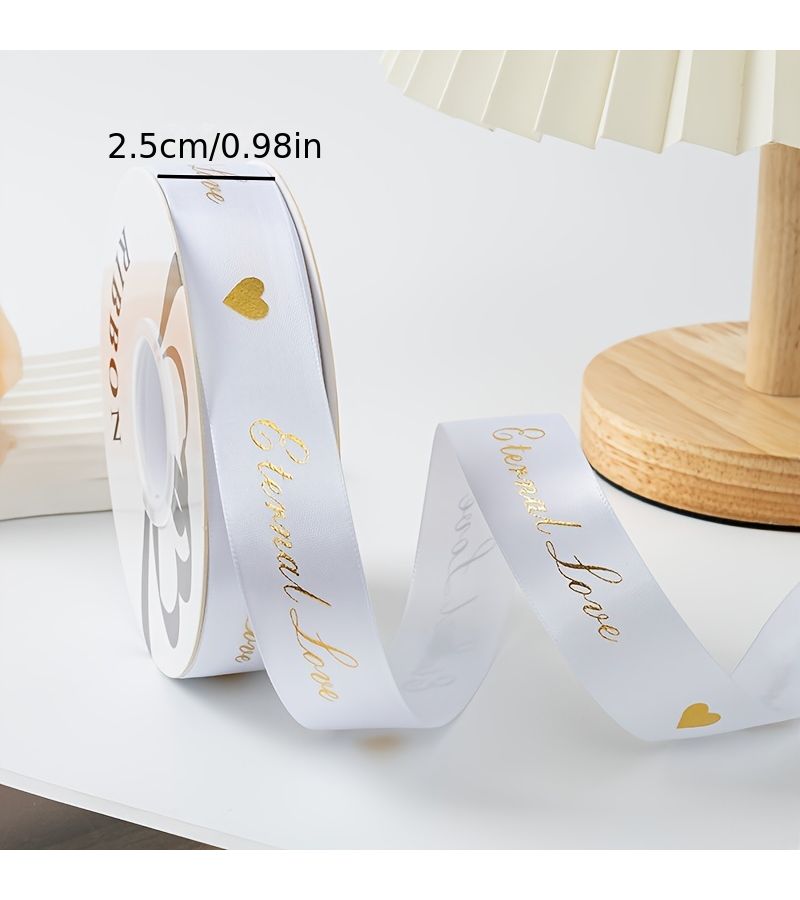 White 5 Yard Gold Foil Heart Polyester Ribbon for Valentine Wrapping Gift Box Decoration - Image 3