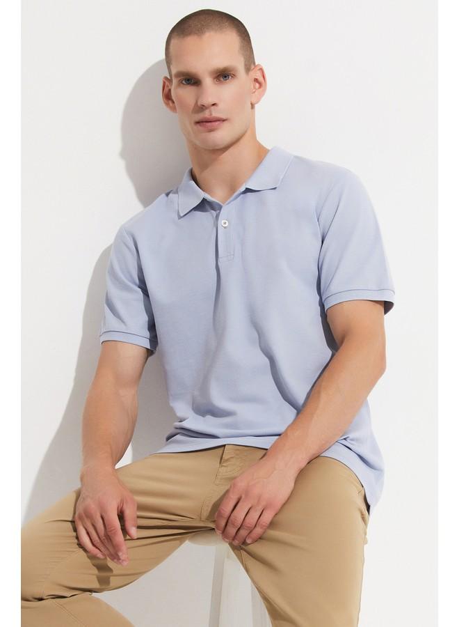 جون تيشيرت بولو رجالي قطن 100% بقصة عادية - أزرق جليدي - Image 3