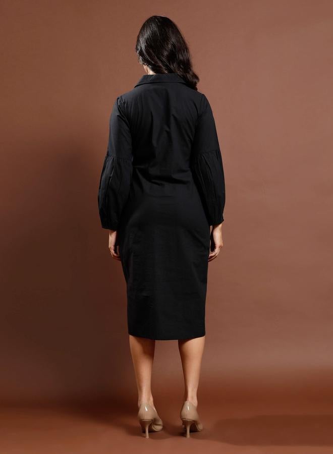 Athena Black Embroidered Waist-Tie Midi Dress - Image 5