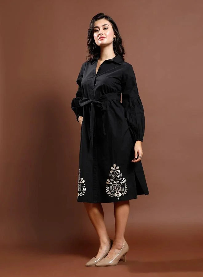 Athena Black Embroidered Waist-Tie Midi Dress