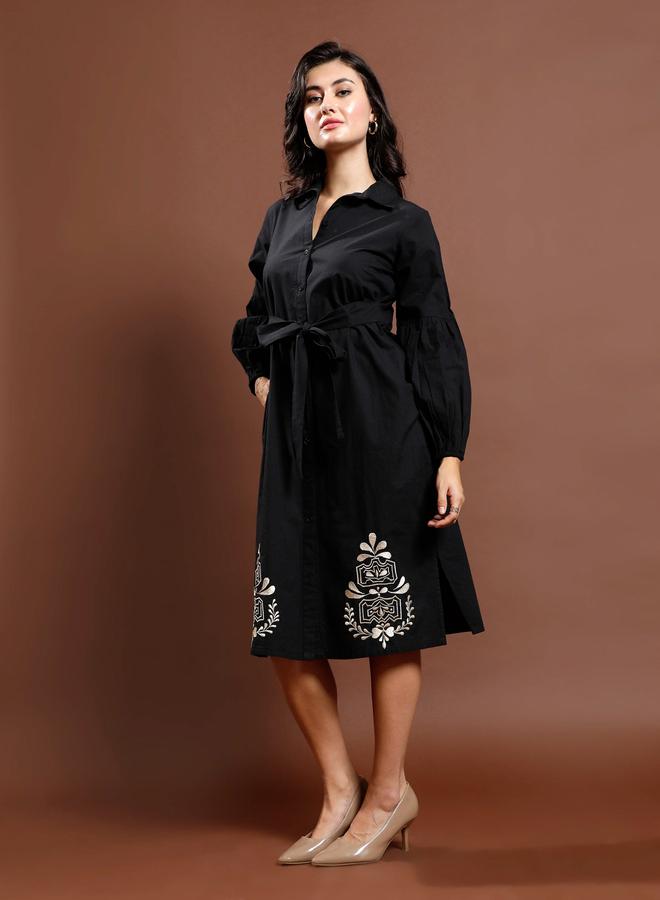 Athena Black Embroidered Waist-Tie Midi Dress - Image 2
