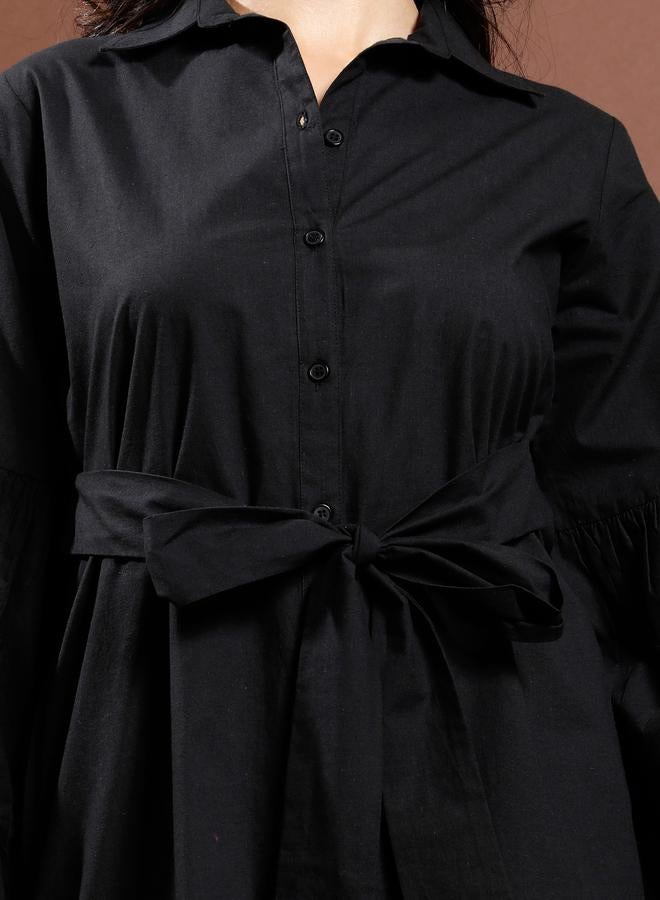 Athena Black Embroidered Waist-Tie Midi Dress - Image 4