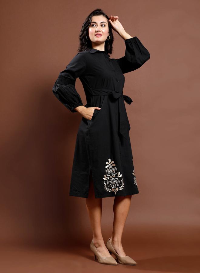 Athena Black Embroidered Waist-Tie Midi Dress - Image 3