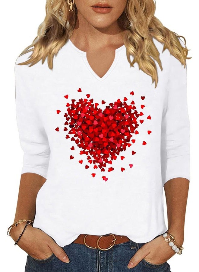 Womens 3/4 Sleeve V Neck T-Shirts Valentina's Day Spring Shirts Love Heart Graphic Tee, 1 White, L