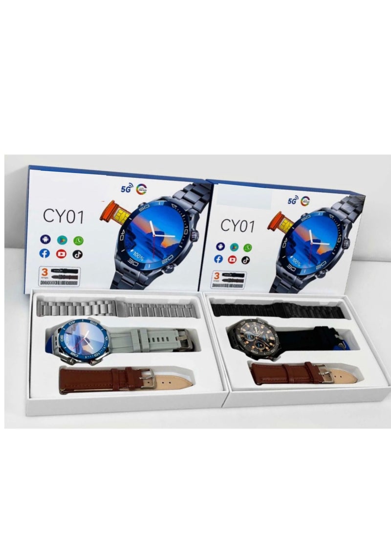 5G Round Shape CY01 Android Smartwatch With Sim Card Slots Camera for Men and Women Wifi 5G Cellular GPS Position 64GB Rom 6GB Ram - Global Version Black (3 Straps )