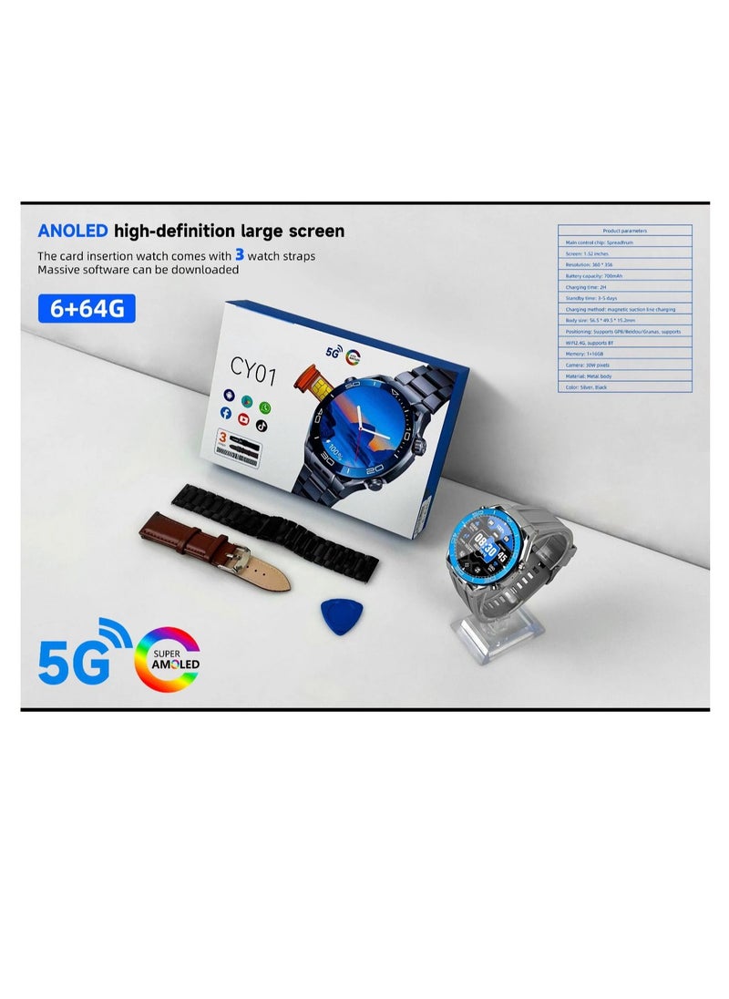 5G Round Shape CY01 Android Smartwatch With Sim Card Slots Camera for Men and Women Wifi 5G Cellular GPS Position 64GB Rom 6GB Ram - Global Version Black (3 Straps )