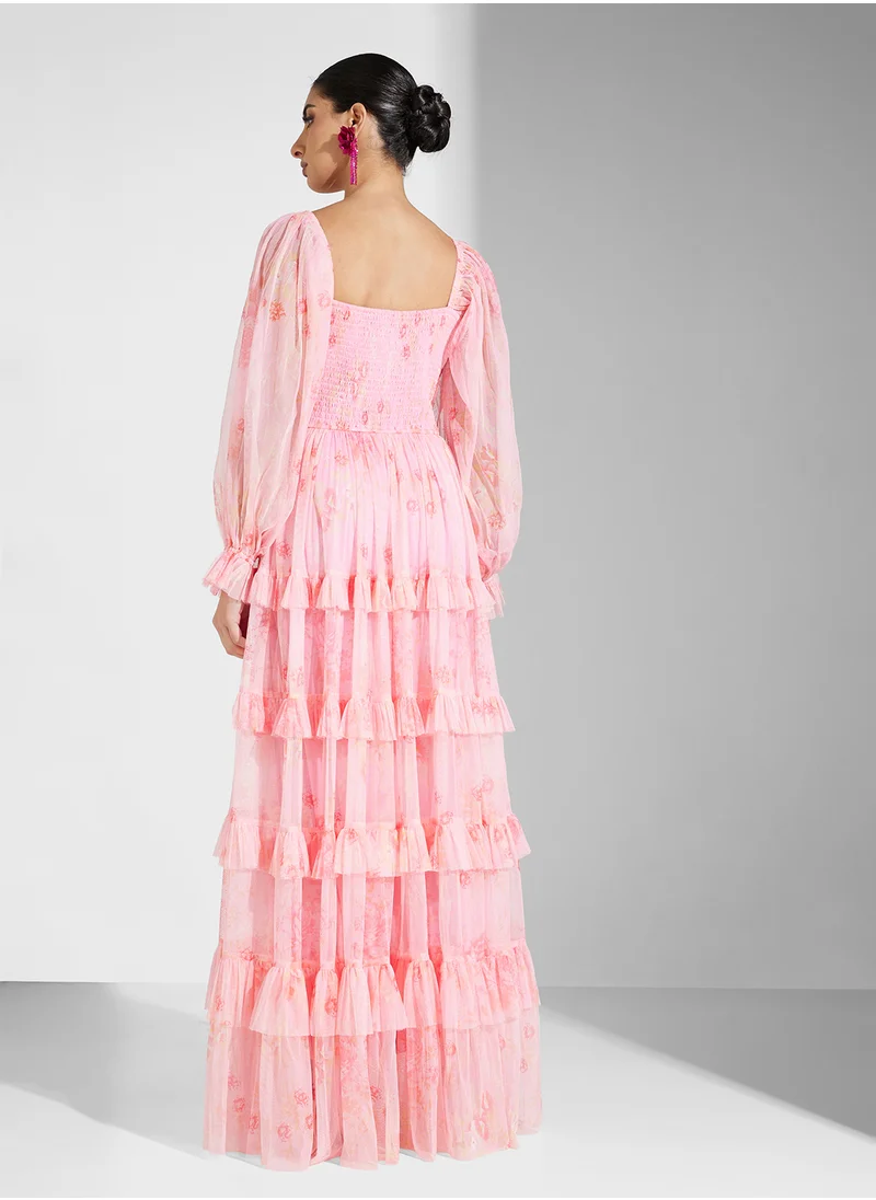 Lace and Beads Balloon Sleeve Ruffle Maxi Dress