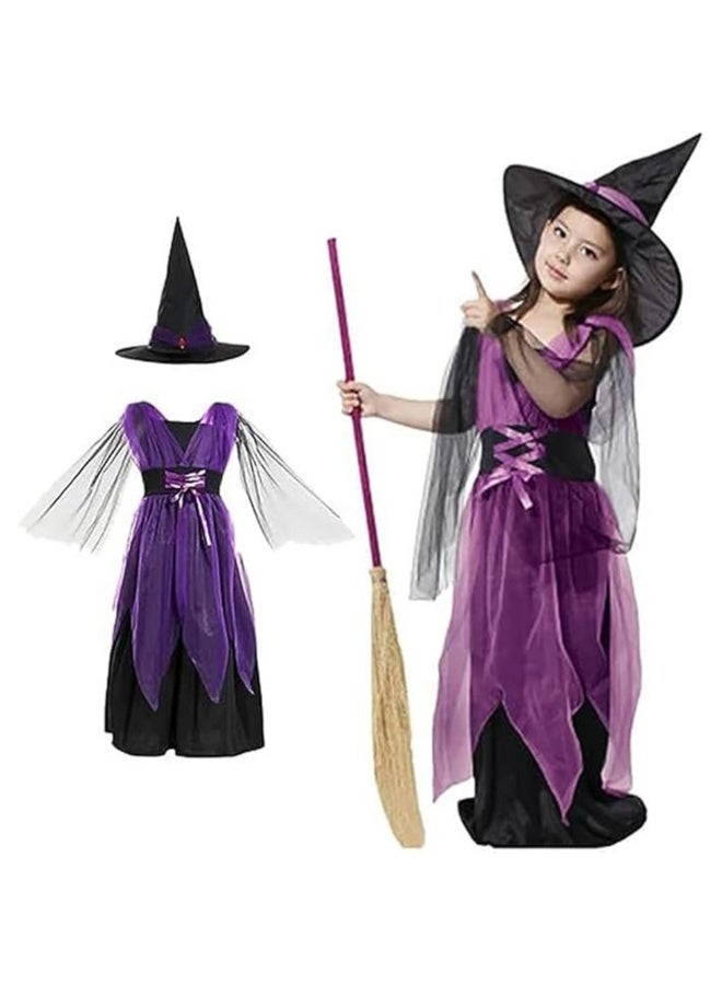 Girls Purple Witch Costume – Kids Halloween Outfit with Dress & Hat – Enchanting Witch Fancy Dress for Girls – Size L (120–130 cm) - Image 1