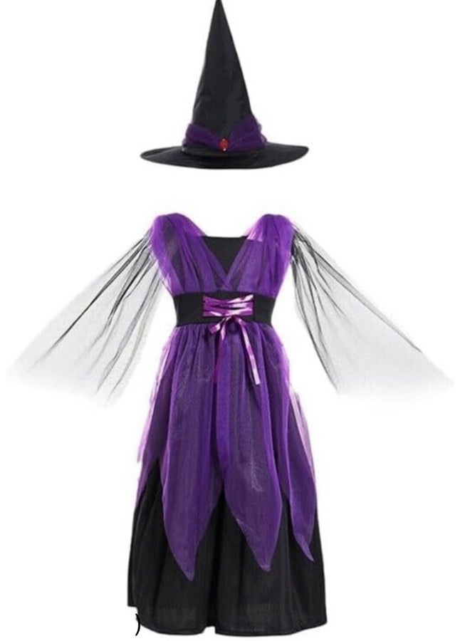 Girls Purple Witch Costume – Kids Halloween Outfit with Dress & Hat – Enchanting Witch Fancy Dress for Girls – Size L (120–130 cm) - Image 2