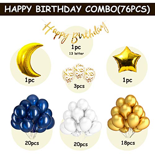 Party Propz Happy Birthday Decoration Combo Kit-76-Blue Cursive HBD Banner (cardstock)(13),Foil Golden 18Star(1)+Golden Confetti Balloons-3+Metallic Balloons Blue-20+White-20+Golden-18 - Image 2