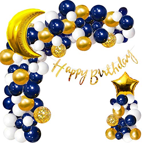 Party Propz Happy Birthday Decoration Combo Kit-76-Blue Cursive HBD Banner (cardstock)(13),Foil Golden 18Star(1)+Golden Confetti Balloons-3+Metallic Balloons Blue-20+White-20+Golden-18 - Image 1