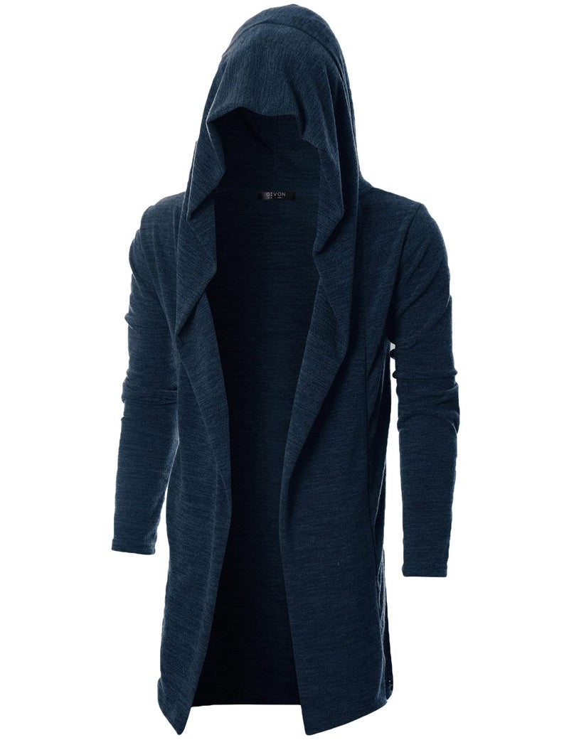 GIVON Men's Long Hooded Shawl Cardigan Open Front Gothic Cloak with Drape Design Shawl Collar / DCC255-NAVY-L - Image 1